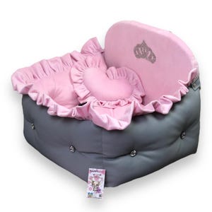 Grijs en roze hondenautostoeltje Luxe roze autostoeltje voor huisdieren Designer hondenautostoeltje Luxe hondenbed voor op reis Custom autostoeltje