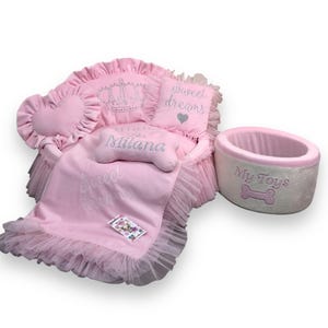 Personalized Princess Dog Bed: Baby Pink Minky Fur with Tulle Skirt