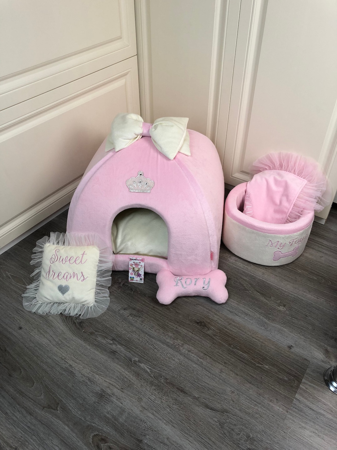 Cream and Baby Pink Dog House With Bow Luxury Dog Bed Personalized Dog House Pink Bed for Dog