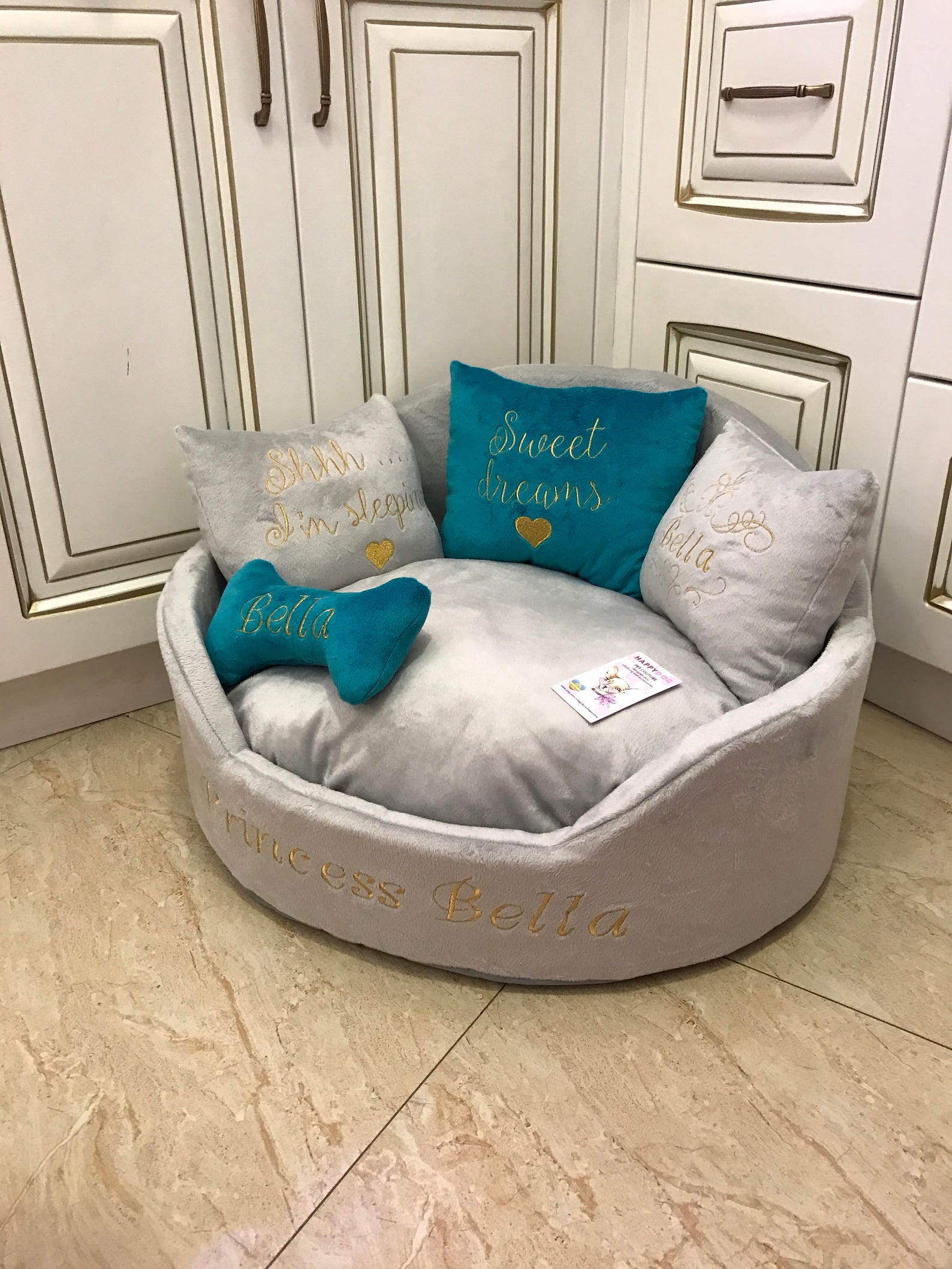 Light Gray and Teal Luxury Dog Bed Gray Bed for Dog Designer Etsy