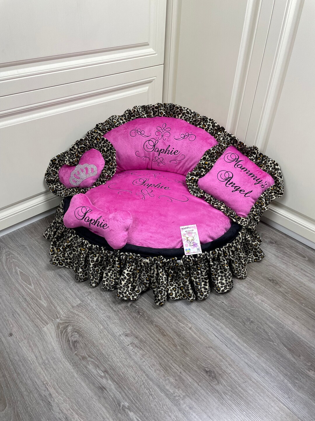 Pink and Cheetah Personalized Princess Dog Bed Designer Dog Bed