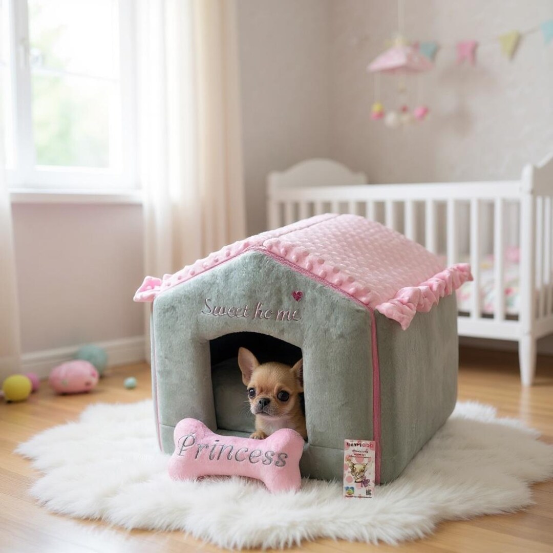 Luxury Princess Pet House: Pink & Gray Minky Fur, Personalized