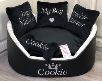 Personalized Crushed Velvet Dog Bed: Black Faux Leather Pet Bed