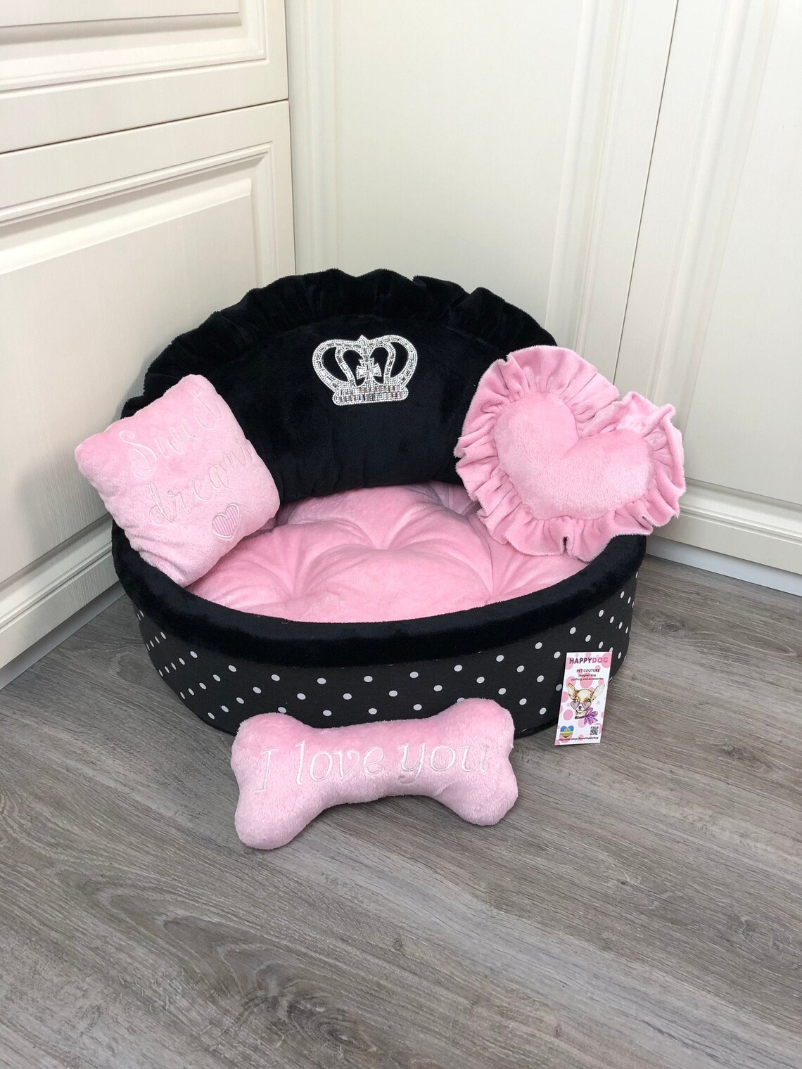 Black polka dot and baby pink luxury dog bed Personalized Etsy