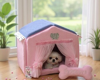Pink & Blue Denim Dog House: Luxury Minky Fur Pet Bed - Etsy
