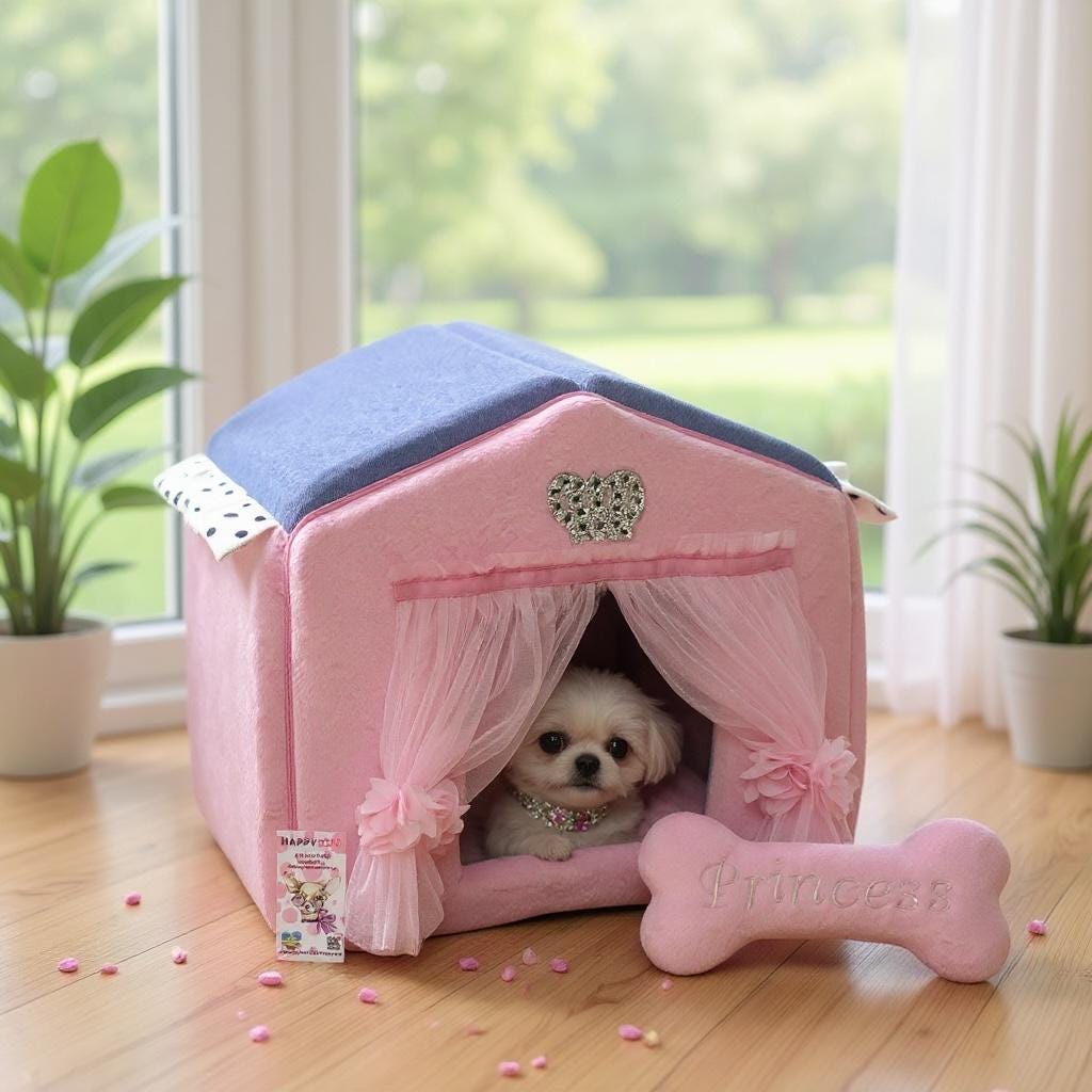 Pink & Blue Denim Dog House: Luxury Minky Fur Pet Bed - Etsy