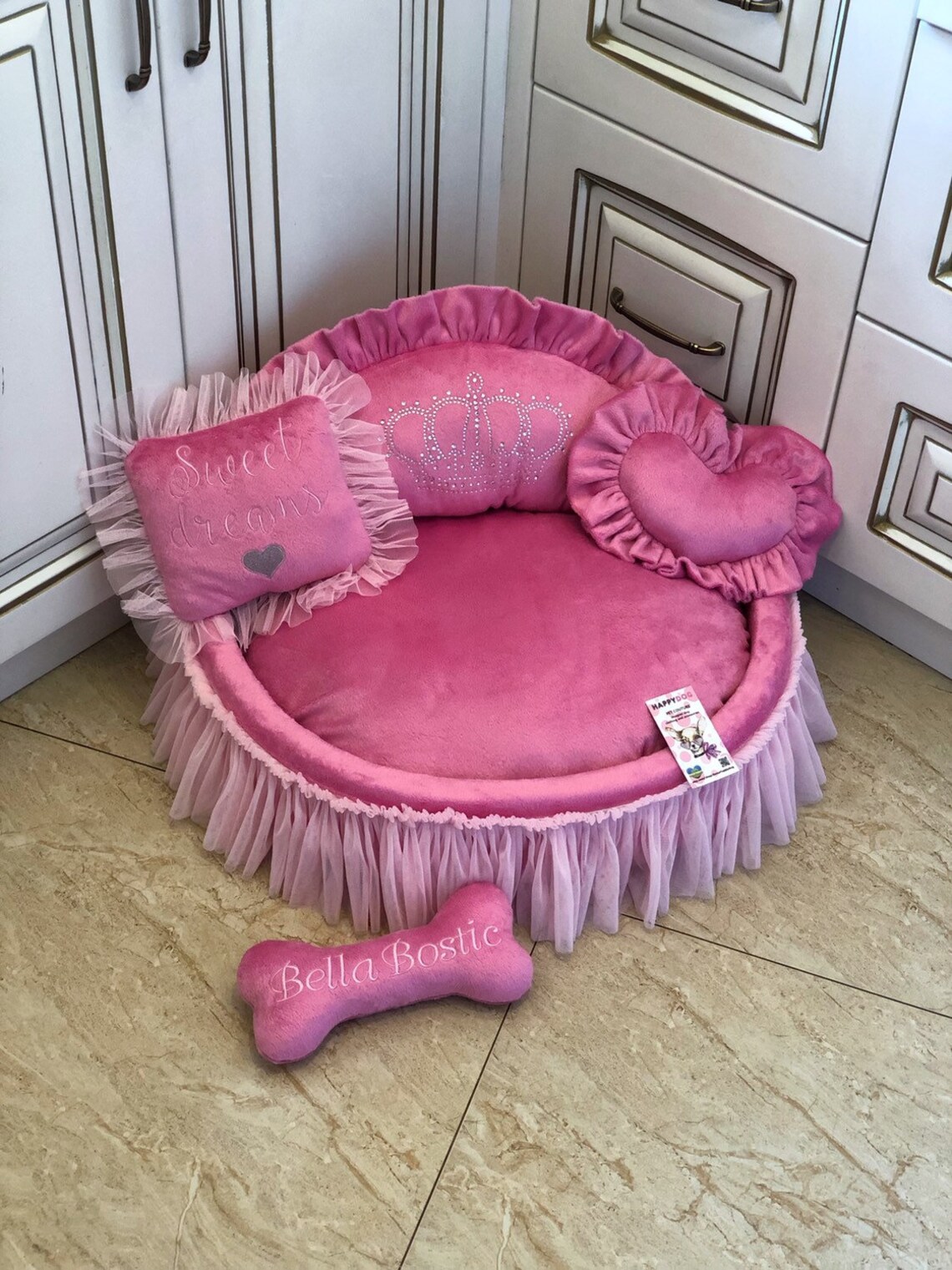 Pink princess dog bed with crown sparkles Designer pet bed Cat Etsy