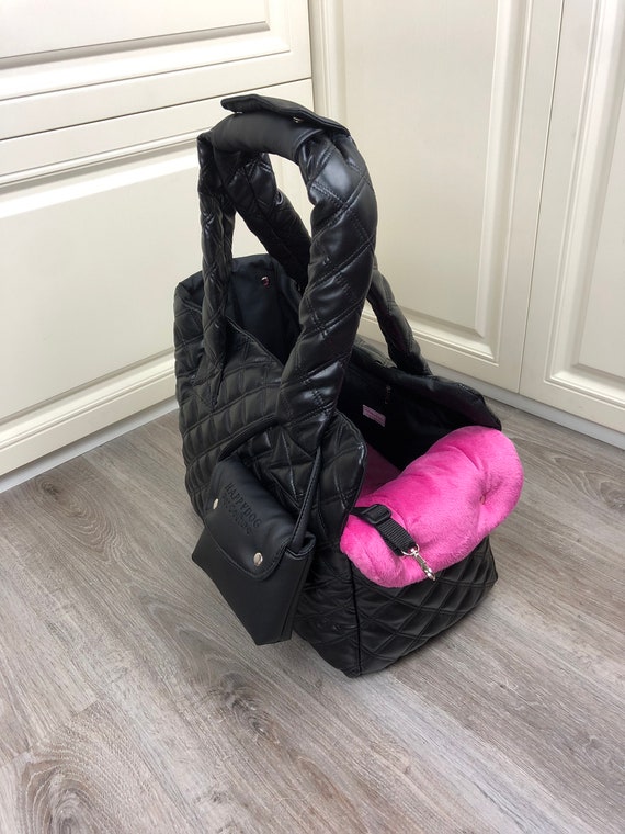 Black Eco Leather Designer Dog Carrier Black and Pink Small 