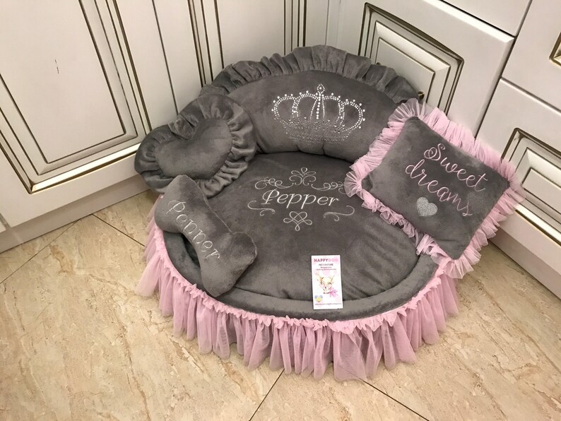 Gray and Baby Pink Princess Dog Bed With Crown Sparkles Etsy