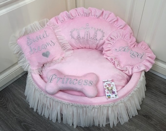 Personalized Pink Princess Dog Bed: Luxury Tulle Skirt Pet Bed