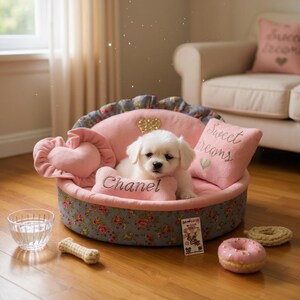 Pink Princess Dog Bed: Floral Pattern, Personalized Pet Bed