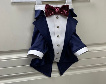 Navy blue dog tuxedo with burgundy sequins bow tie Dog wedding attire Formal dog suit Birthday dog costume Corgi bespoke suit