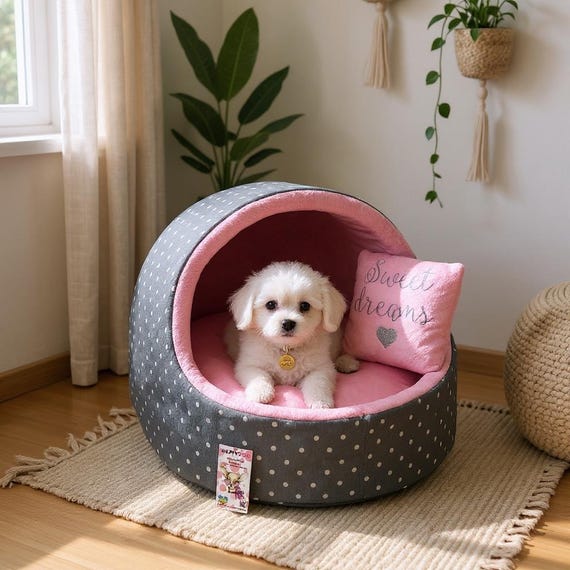 ポルカドット犬用クレードル：ピンク＆グレーの高級ペットベッド