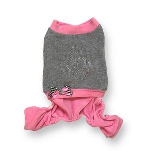 Organic Velour Dog Jumpsuit – Gray & Pink Pet Onesie with Bow and Rhinestone Crown – Soft Cotton Romper for Small Dogs