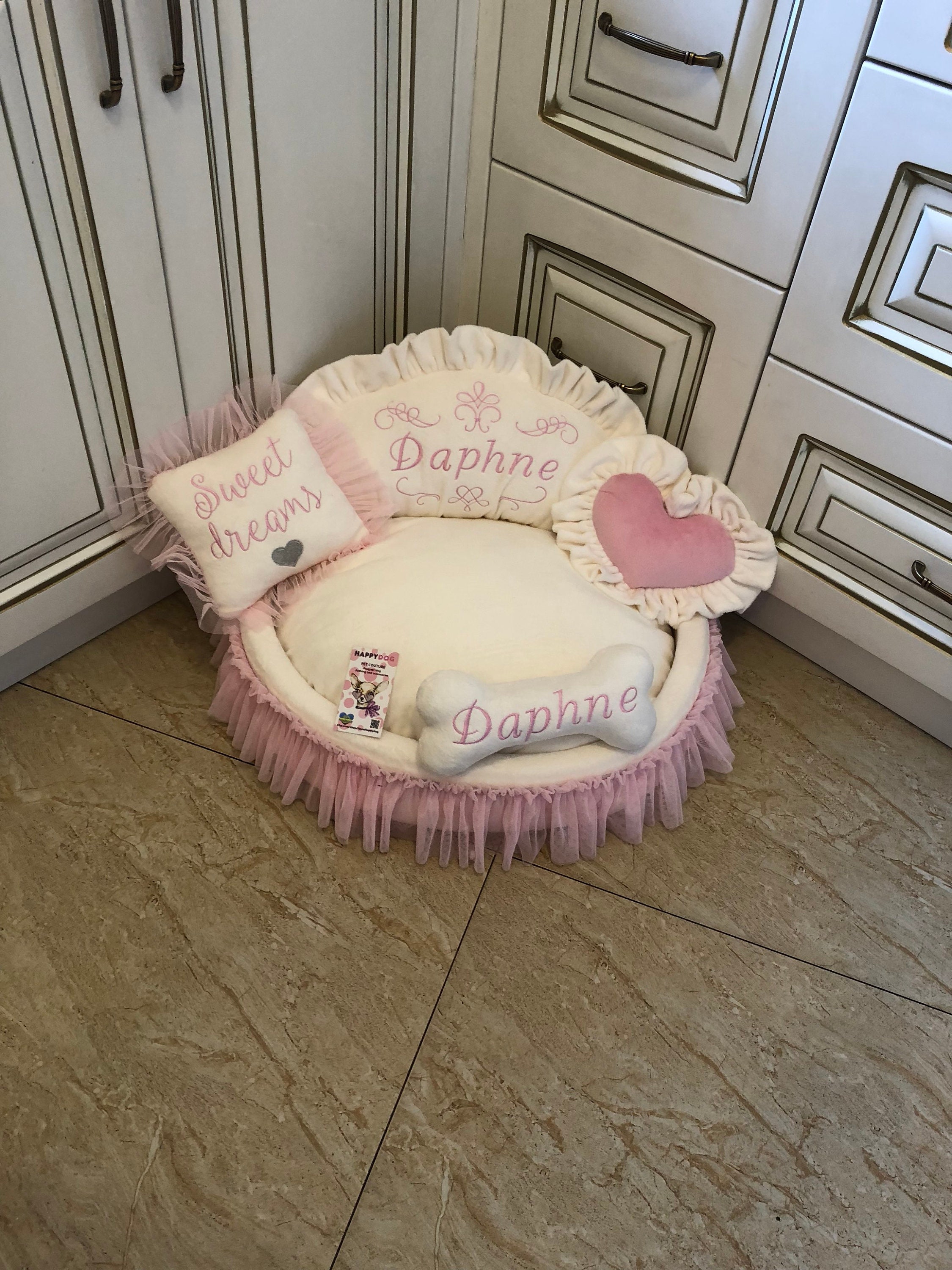Cream and baby pink designer dog bed Puppy bed for princess Etsy
