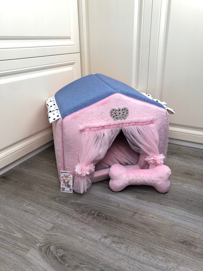 Blue and baby pink designer dog house Personalized dog bed Etsy