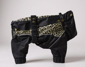 Black Waterproof Dog Raincoat with Leopard Print Accents – Stylish and Practical Raincoat