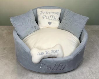 Cama para perros de piel sintética Minky gris claro: Cama personalizada para mascotas con almohadas