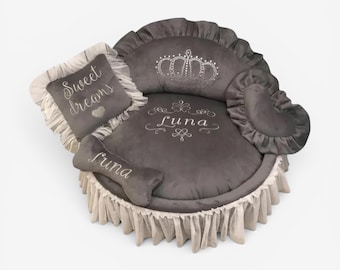 Gray Princess Pet Bed: Minky Fur Dog Bed with Crown Sparkles