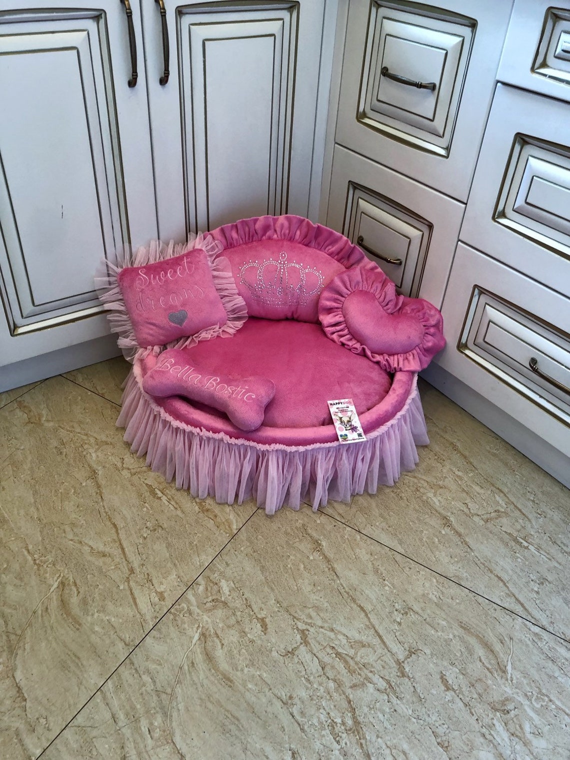 Pink princess dog bed with crown sparkles Designer pet bed Cat Etsy