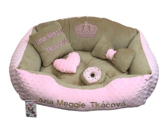 Pink and  beige personalized pet bed Custom made dog bed Pink bed for dog Pink and brown puppy bed S M dog bed