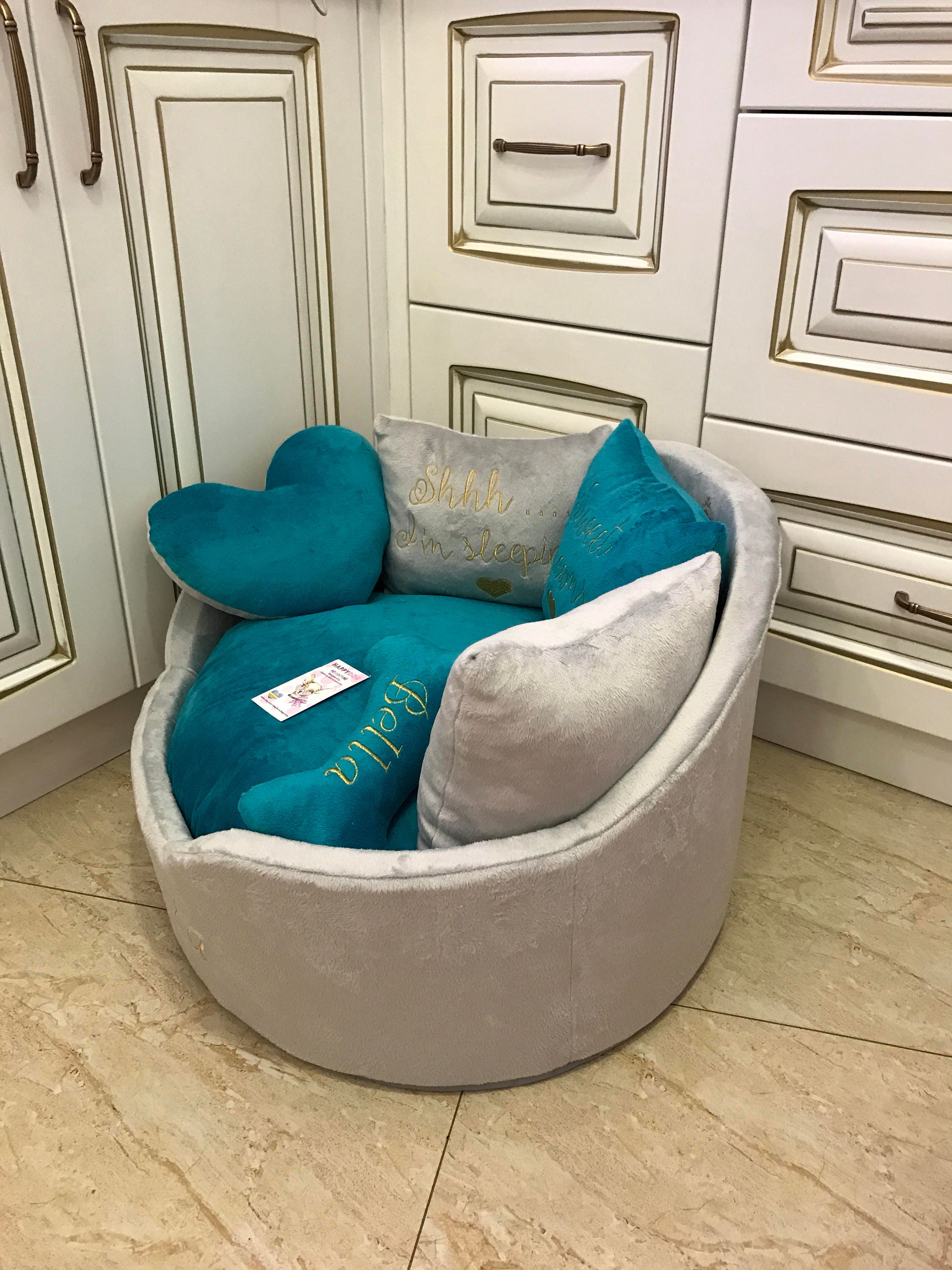 Light Gray and Teal Luxury Dog Bed Gray Bed for Dog Designer Etsy