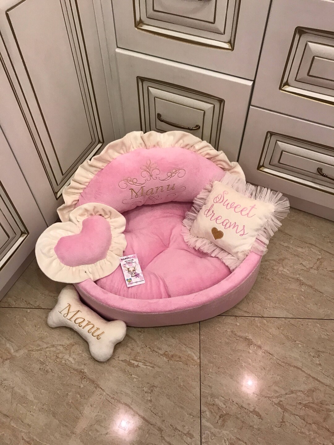 Baby Pink and Ivory Princess Dog Bed Personalised Dog Bed Designer Pet