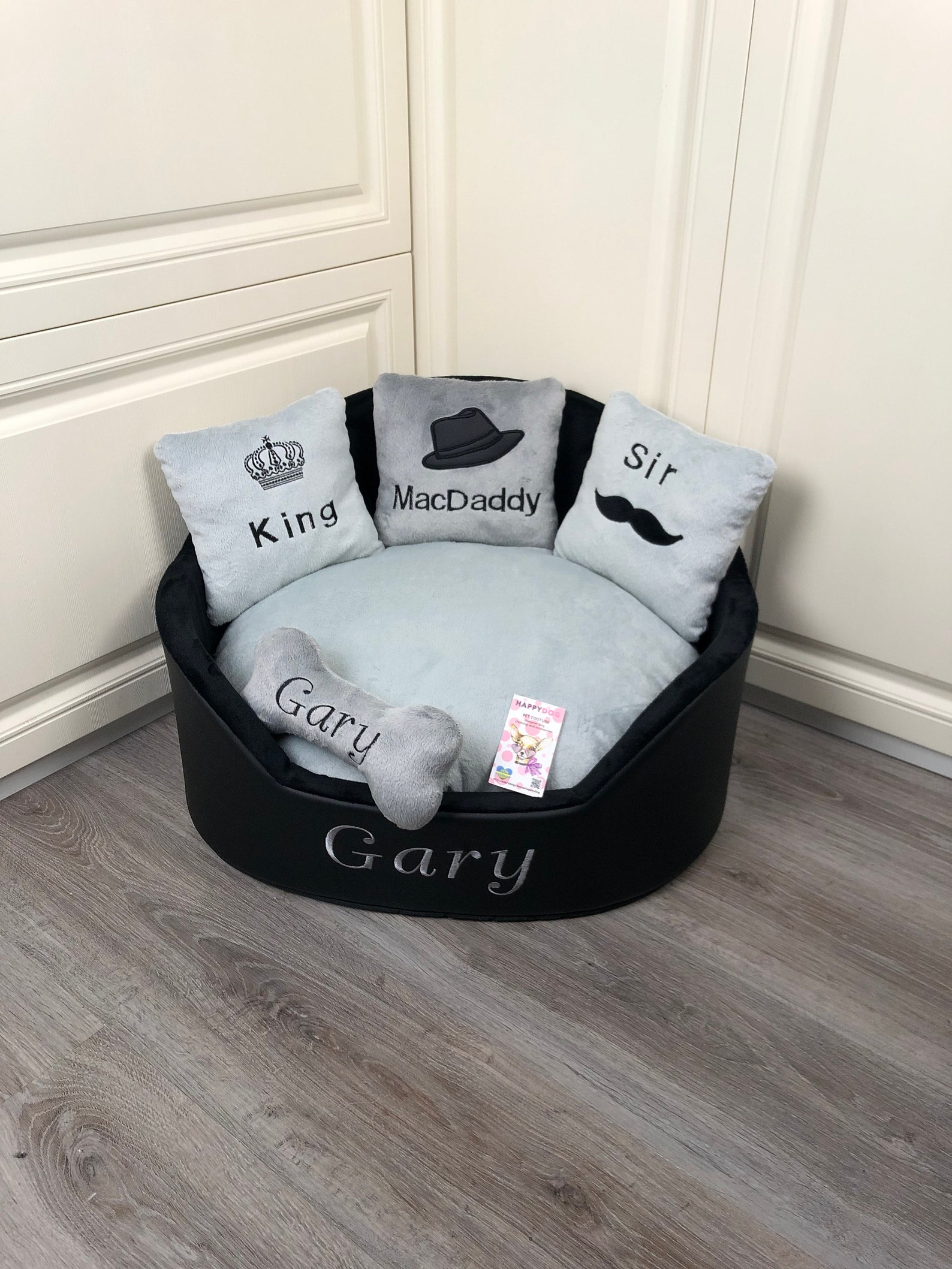 Black and Gray Personalized Dog Bed Faux Leather Pet Bed Etsy