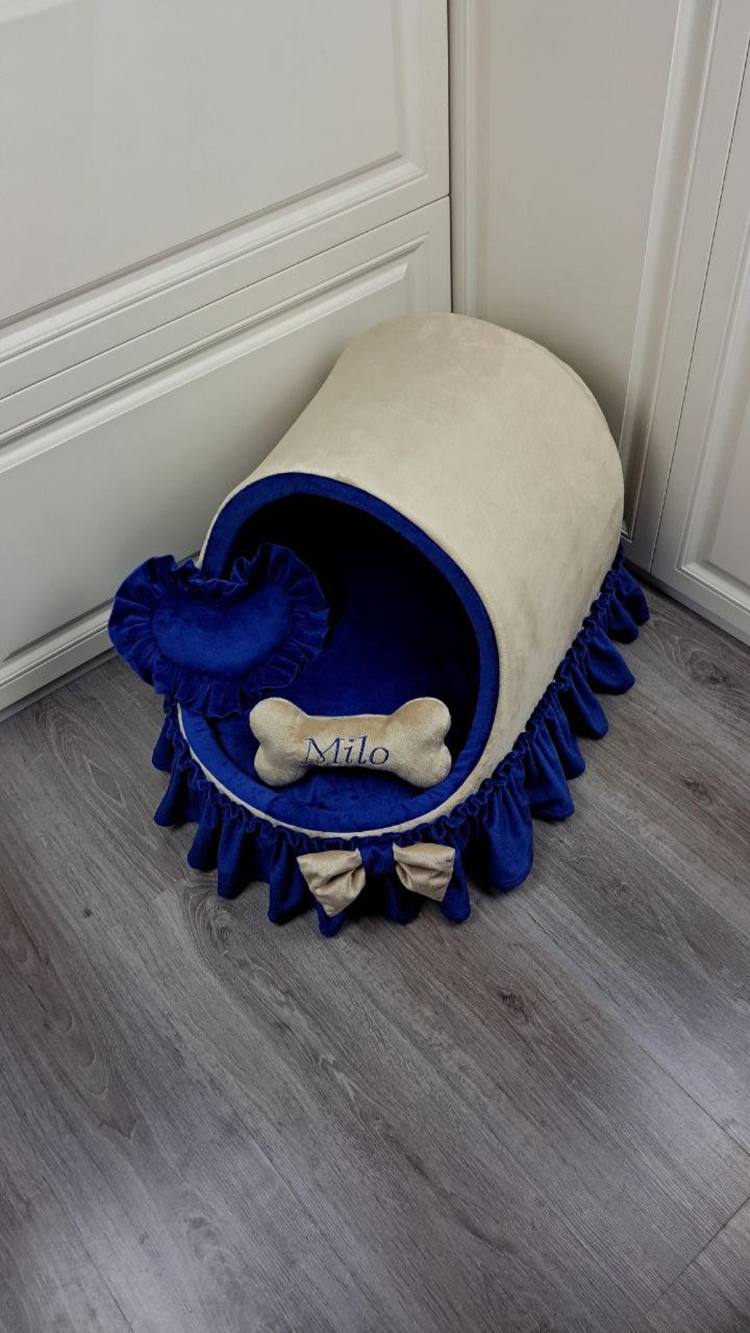 Curated visual reference: Designer Pet Cradle With Tufted Liner And Basket Reference: Luxury Dog Cradle Beige Navy Blue Pet Bed With Bow