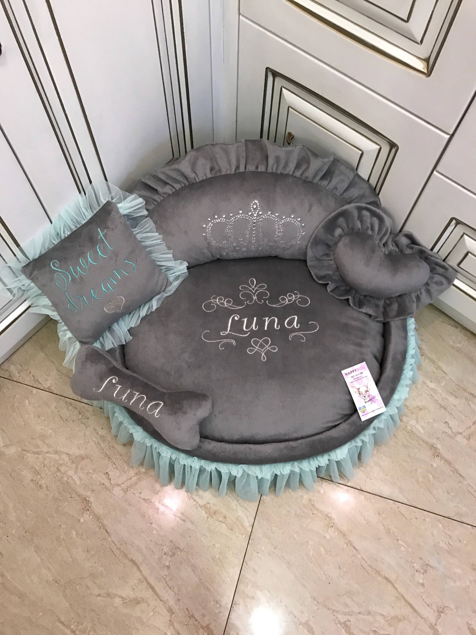 Grey Princess Pet Bed With Crown Sparkles and Mint Tulle Skirt Etsy