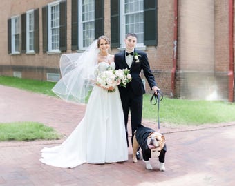 Custom Black Dog Tuxedo with Black Bow Tie – Personalized Wedding Suit for Dogs, Bulldog Formal Outfit, Handmade Pet Wedding Attire, Small t