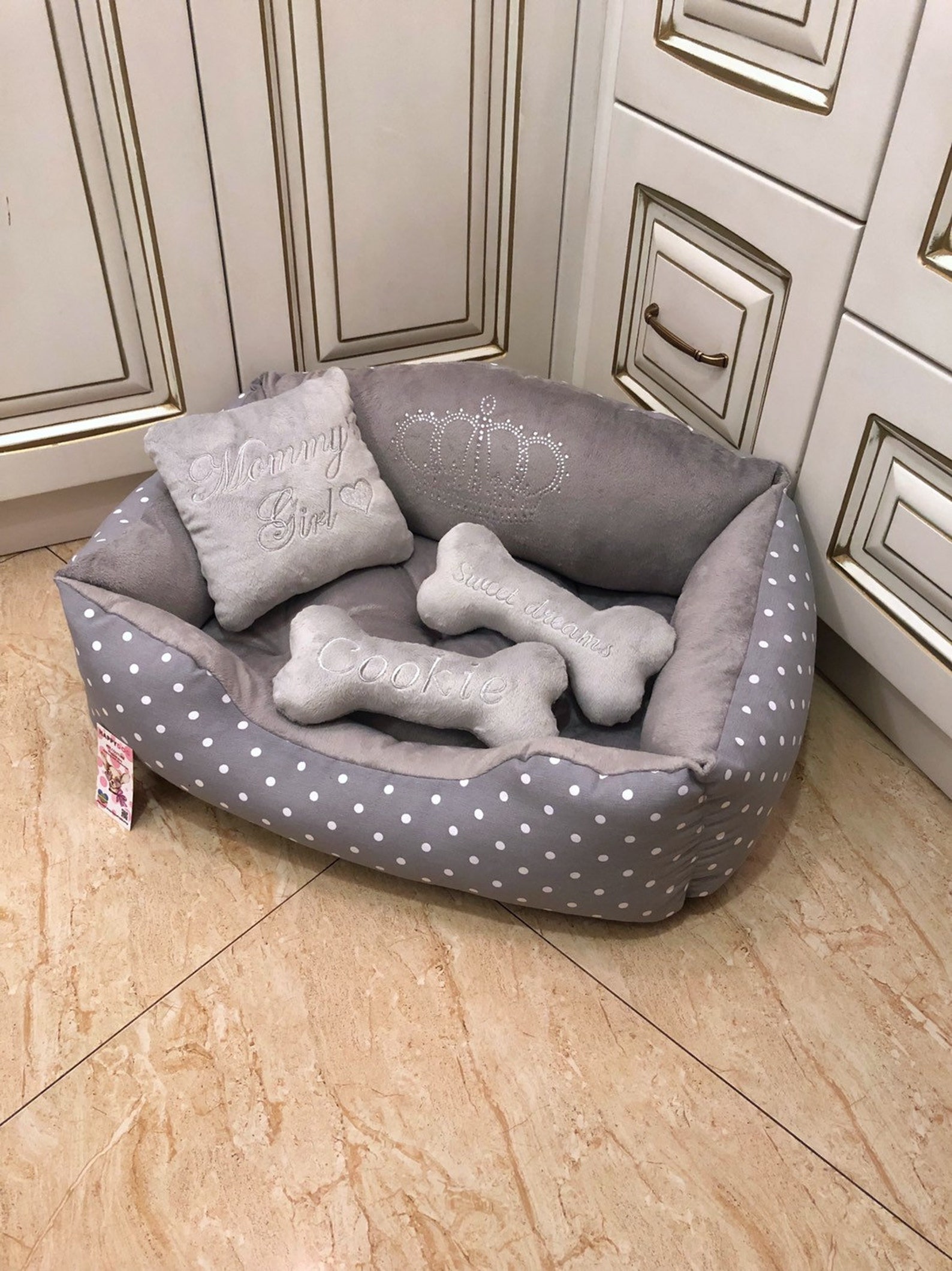 Gray Polka Dot Dog Bed Personalized Dog Bed Birthday Dog Bed Etsy