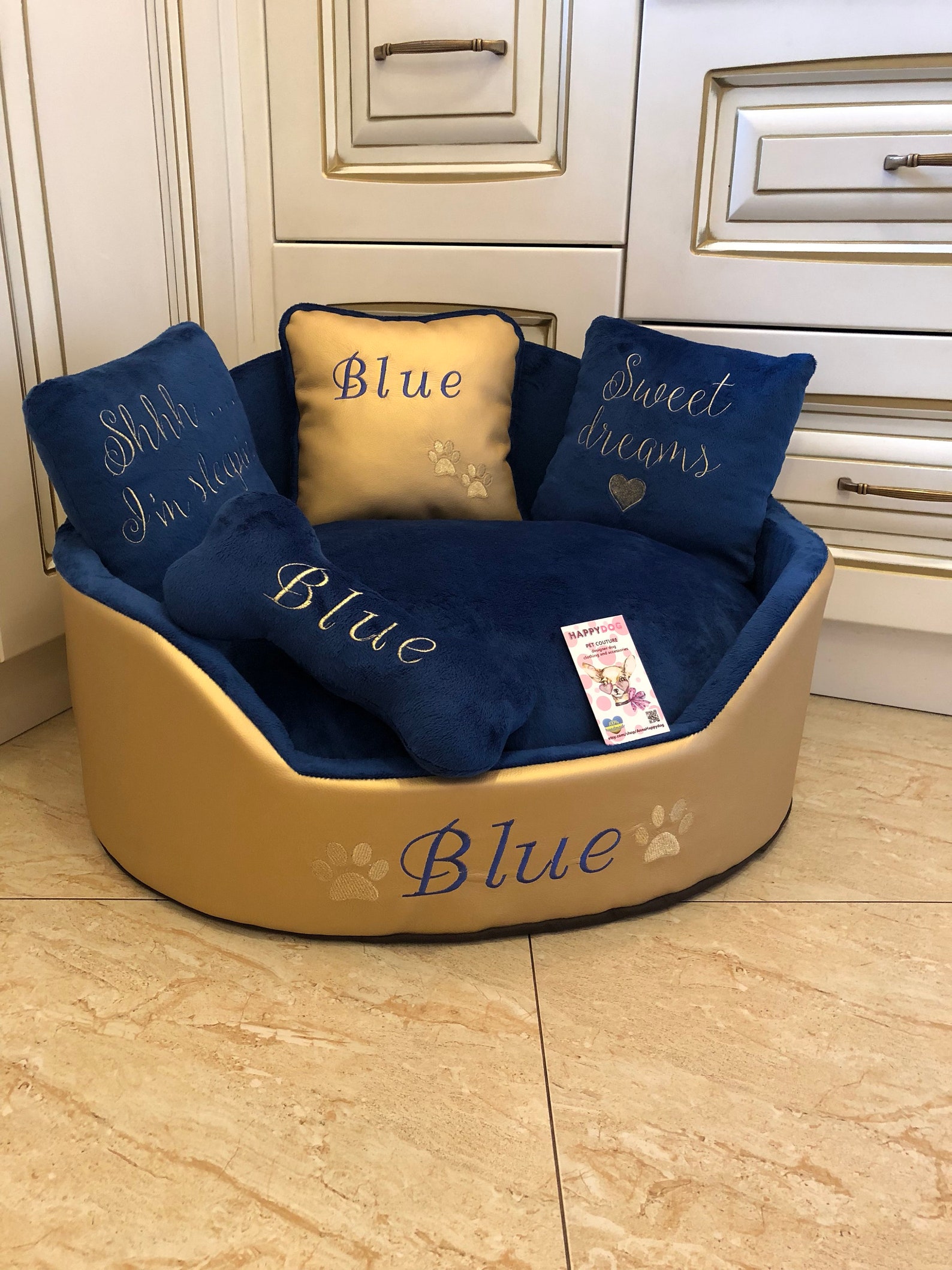 Luxury Pet Bed, feather soft fleece, Navy Lighthouse