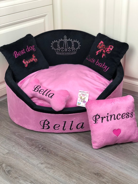 Baby Pink and Black Luxury Dog Bed With Crown Sparkles and 