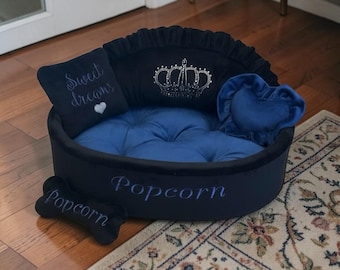 Luxury Minky Fur Dog Bed: Black & Navy Crown Rhinestones, Personalized Pet Bed