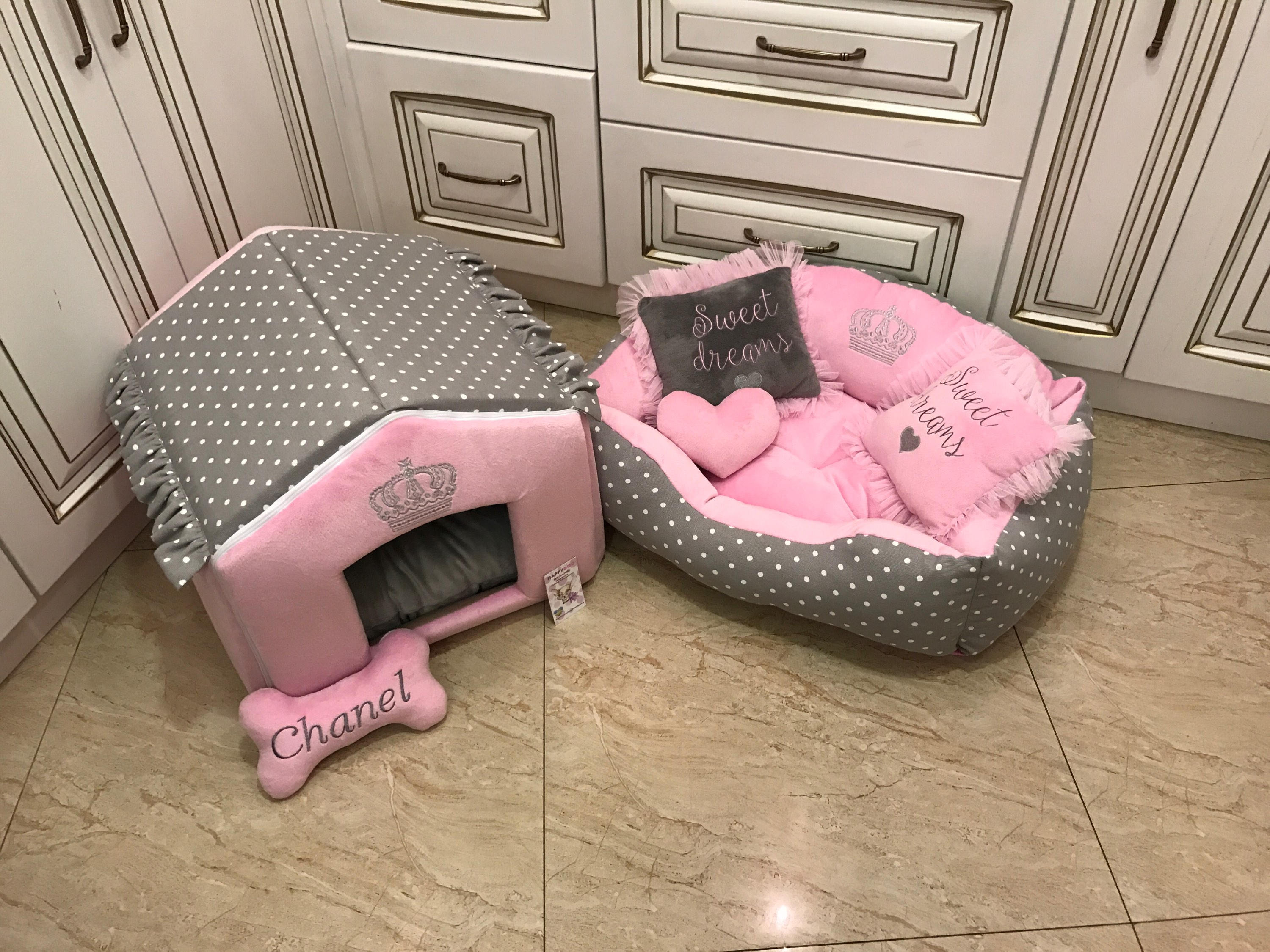 Baby Pink and Gray Polka Dot Designer Dog Bed Princess Dog Bed Etsy