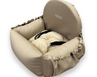 Beige Faux Leather Dog Car Seat – Luxury Travel Bed with Safety Straps & Cushion