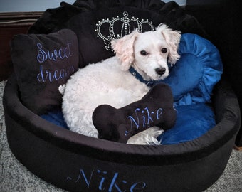 Black and navy blue personalized dog bed with crown sparkles Designer pet bed Maltese dog bed Personalized dog bed Custom made bed