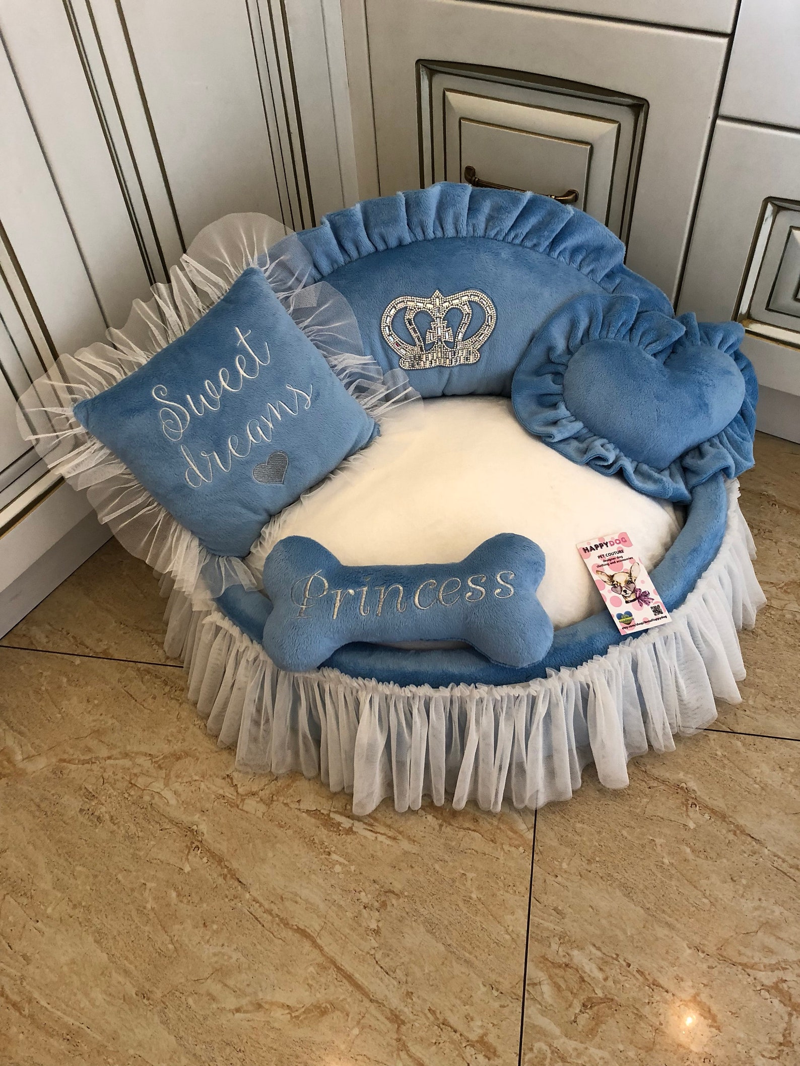 Blue Princess Bed With Crown Sparkles Designer Pet Bet Cat Bed Etsy