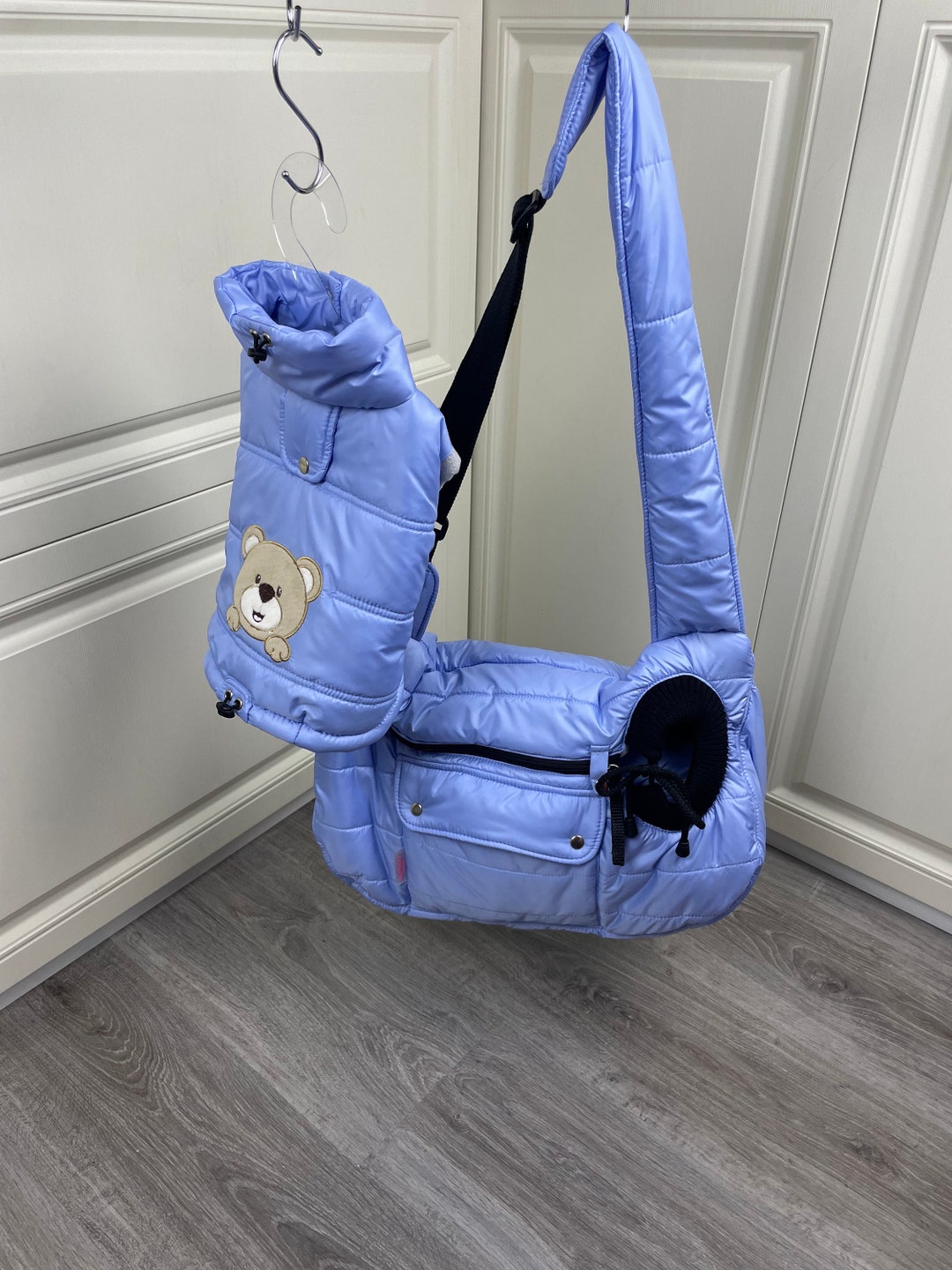 Baby Blue and Black Sling Dog Carrier Winter Dog Bag Puppy Soft Carrier