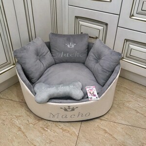 Light gray and cream personalized dog bed Luxury bed for dog Grey bed for dog Designer pet bed Cat bed Custom made dog bed Royal dog bed image 7