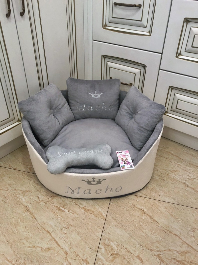 Light gray and cream personalized dog bed Luxury bed for dog Grey bed for dog Designer pet bed Cat bed Custom made dog bed Royal dog bed image 7