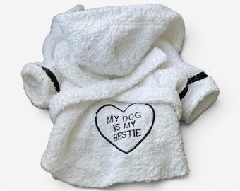 Personalized Cotton Dog Bathrobe: White & Black Trim, Custom Pet Clothes