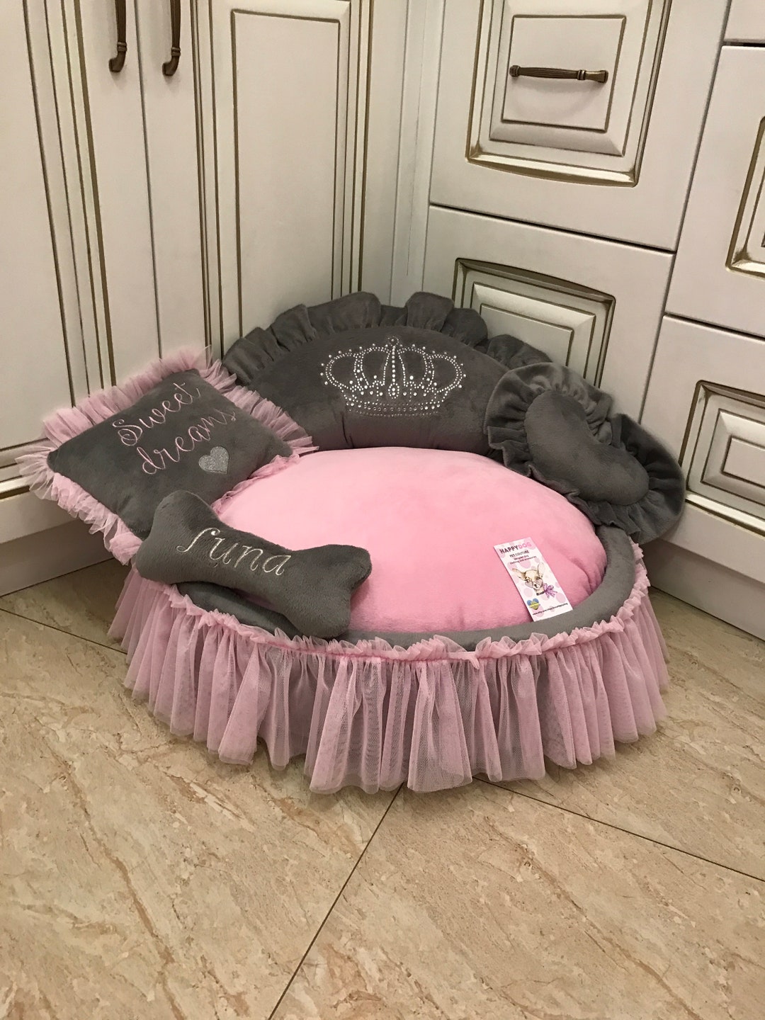 Gray and Pink Personalized Dog Bed Luxury Princess Dog Bed With Tulle