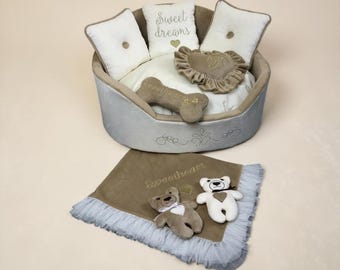 Cama para perros de piel sintética Minky beige: Cama para mascotas Royal color crema con almohadas