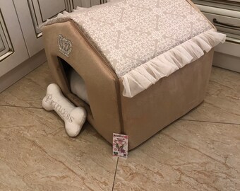 Beige and cream designer dog house Personalized dog bed Custom made dog  house Princess dog bed in beige Cat house Puppy bed Presemt for dog