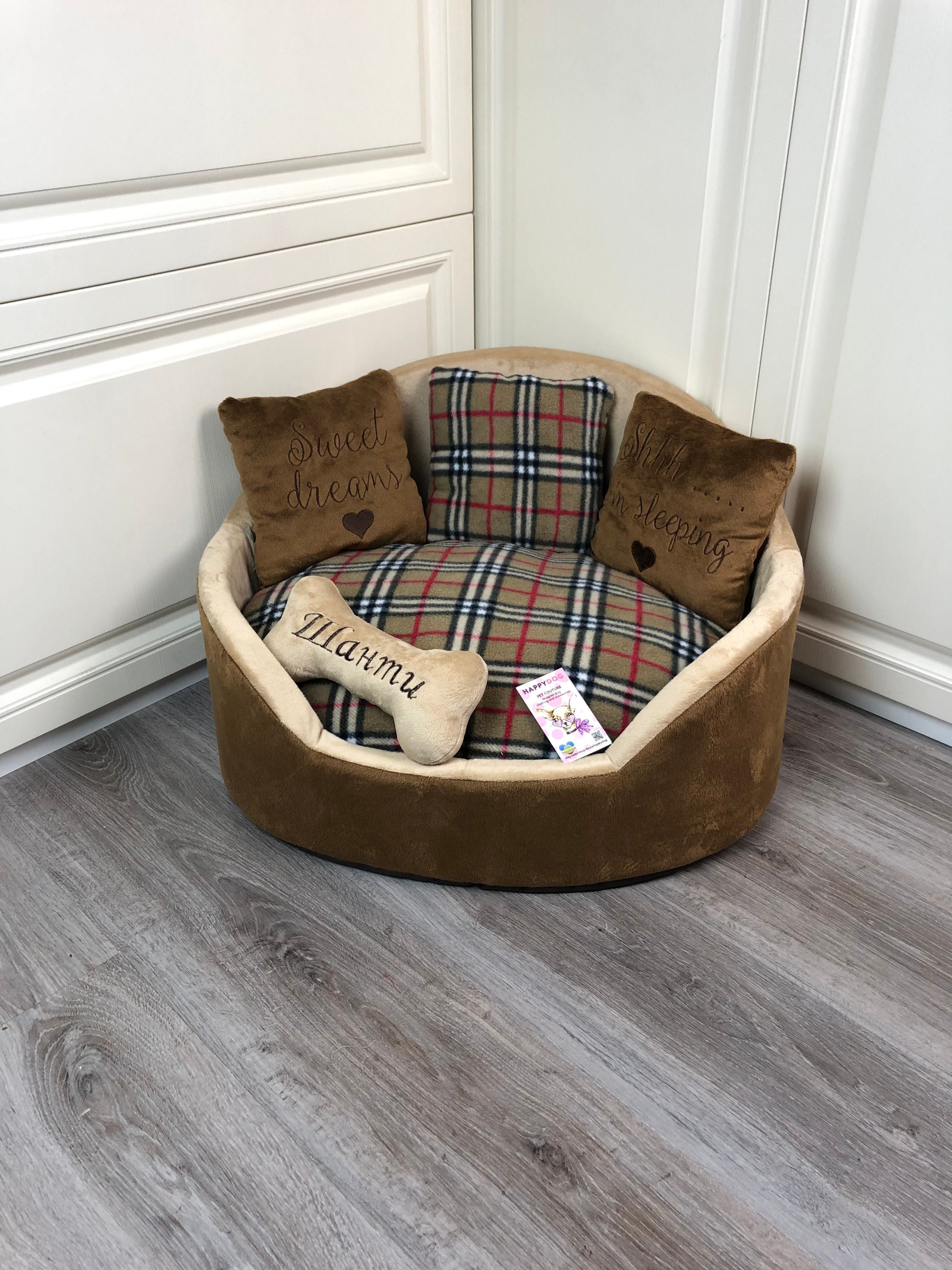 Luxury brown and beige tartan dog bed Designer pet bed Cat Etsy