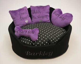 Personalized Purple Dog Bed: Black Polka Dot Pet Bed with Pillows