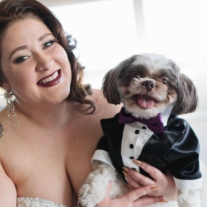 Custom Black Satin Dog Tuxedo: Purple Bow Tie Wedding Outfit