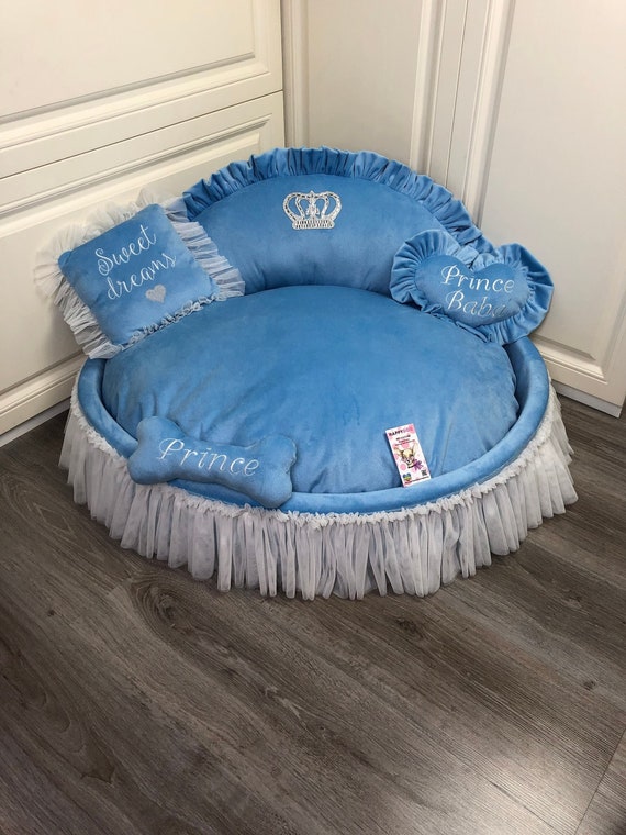 Cama de lujo para perros crema y azul Cama para cachorros cama